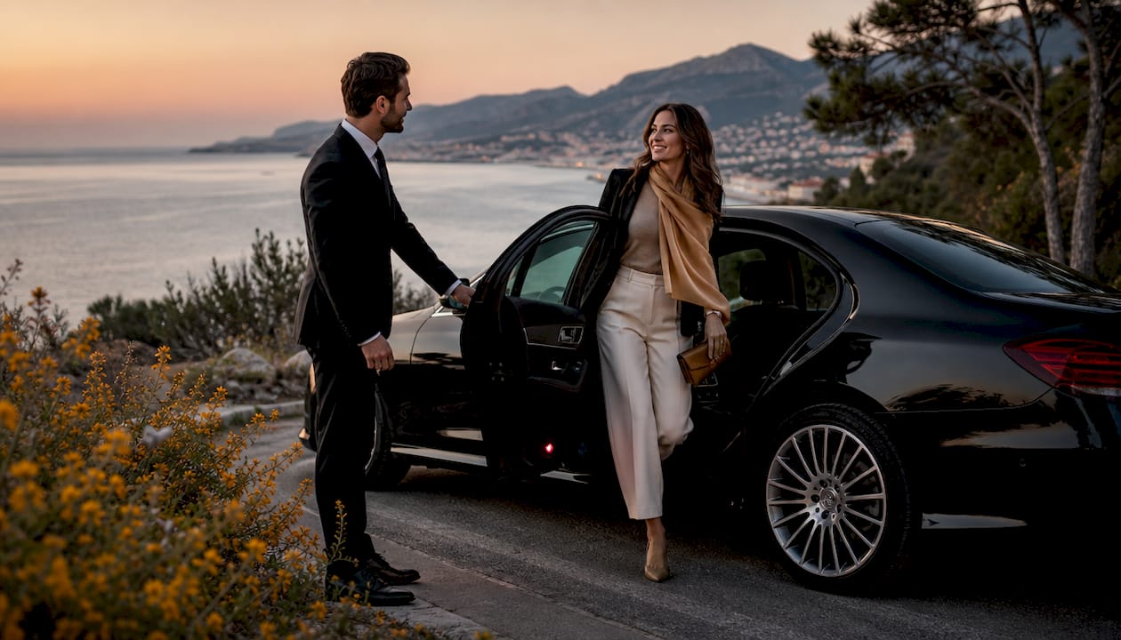 Mercedes-Benz sedan with chauffeur and passenger on Cannes coastal road at sunset, featuring luxury Riviera transfer