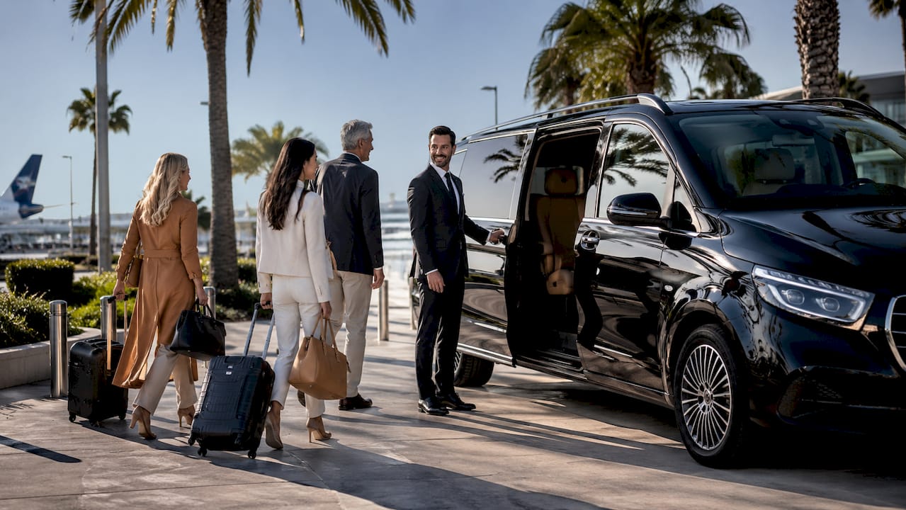Mercedes-Benz van with chauffeur and passengers boarding at Nice Airport for group luxury transfer on French Riviera
