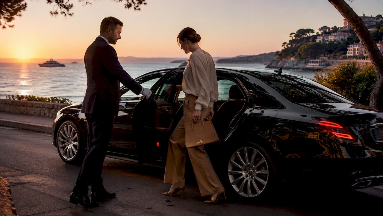 Mercedes sedan with chauffeur assisting passenger on coastal road Antibes