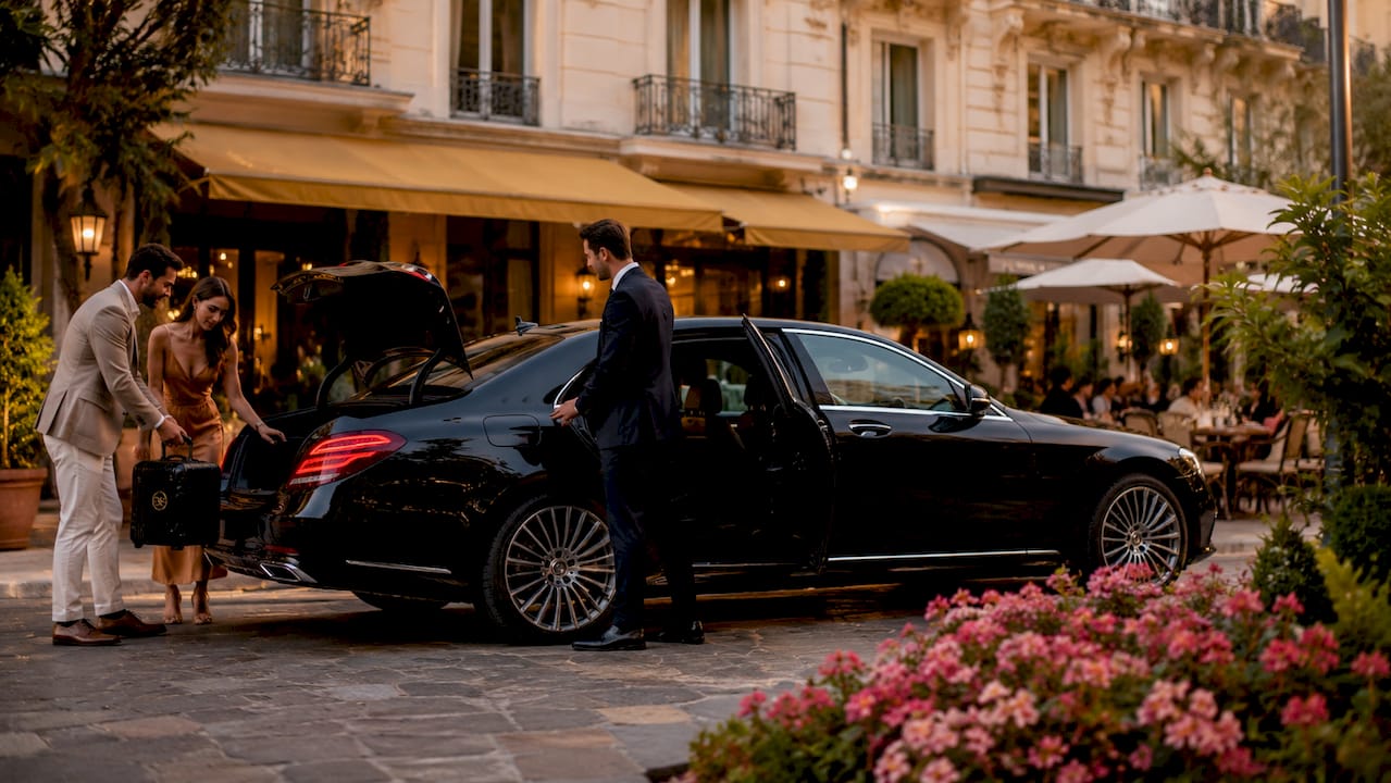 Mercedes-Benz luxury chauffeur sedan picking up passengers at Nice airport for private transfer