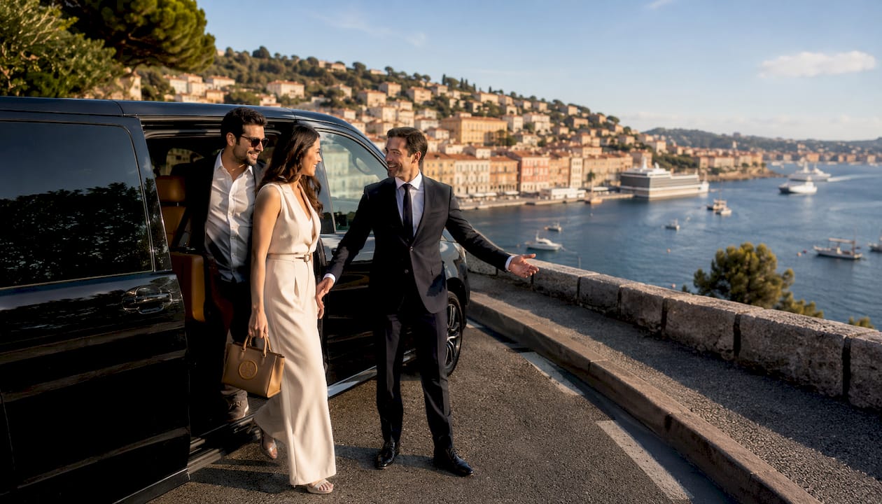 Luxury Mercedes-Benz van transfer with chauffeur greeting passengers at Villefranche port