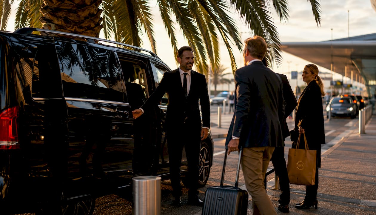 Mercedes-Benz van with chauffeur assisting business group at Nice Airport for private transfer to Cannes during MIPIM