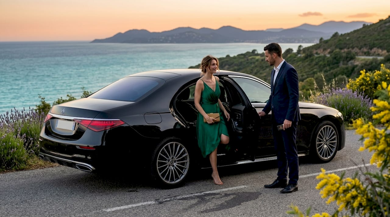 Mercedes-Benz sedan with chauffeur opening door for passenger on Riviera coast near Cannes during private transfer