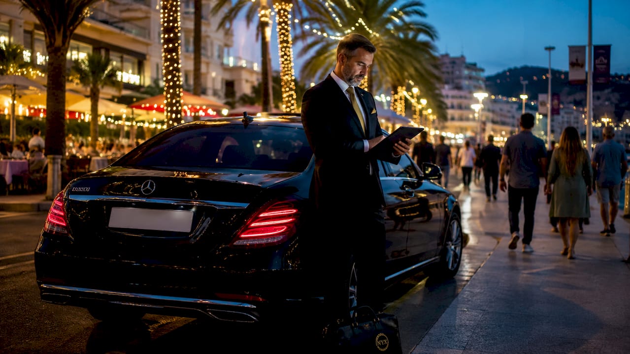 Mercedes luxury sedan with chauffeur reviewing schedule outdoors on Riviera street in Cannes during private transfer