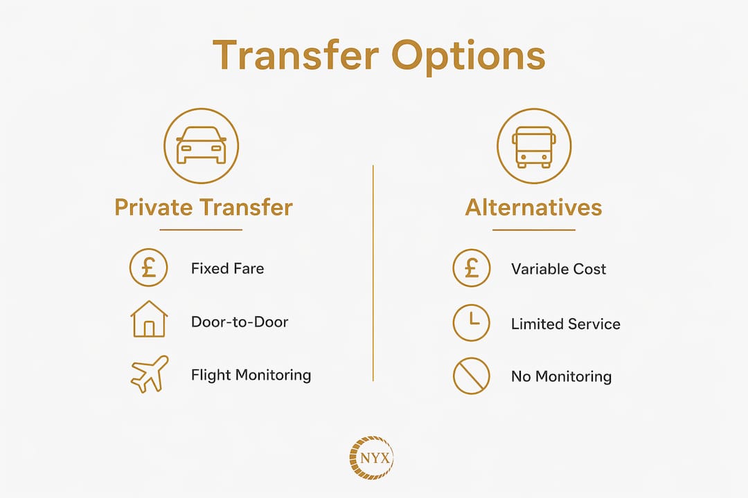 Infographic comparing private transfer and alternative options for Nice Airport to Cannes during MIPIM