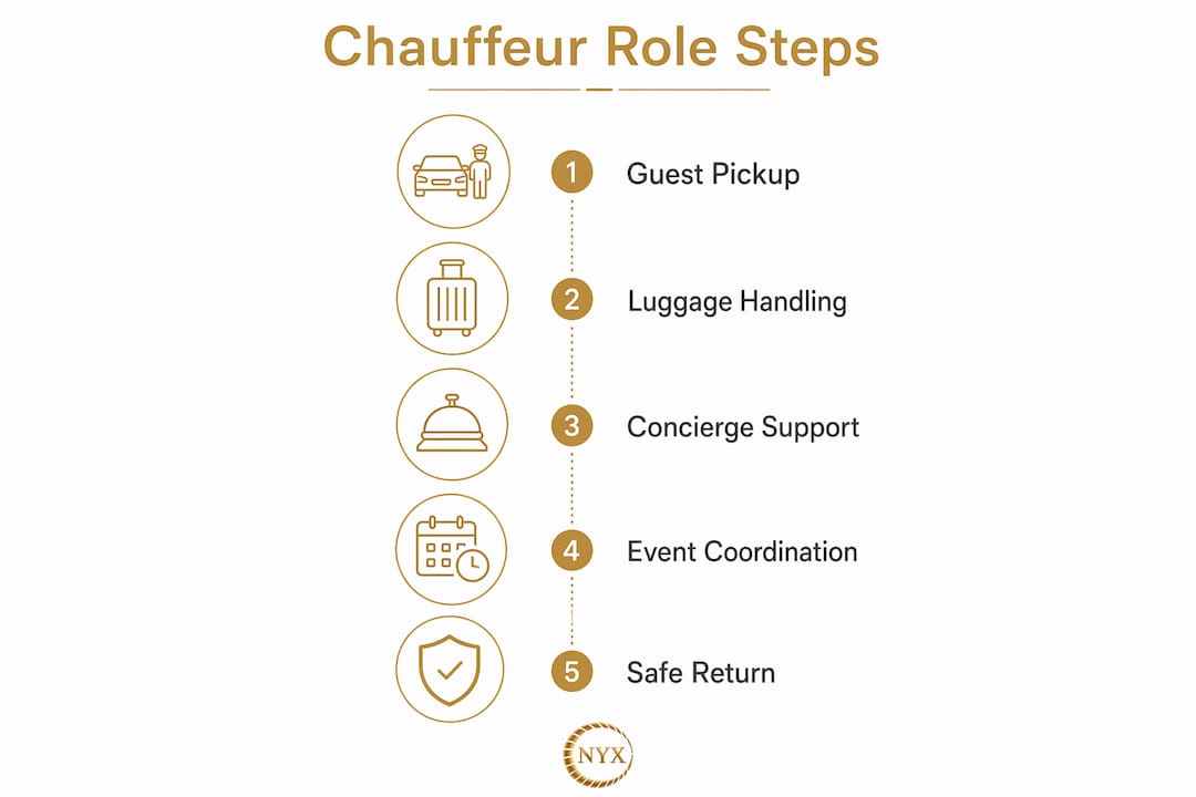 Infographic showing chauffeur role steps for villa party transfers