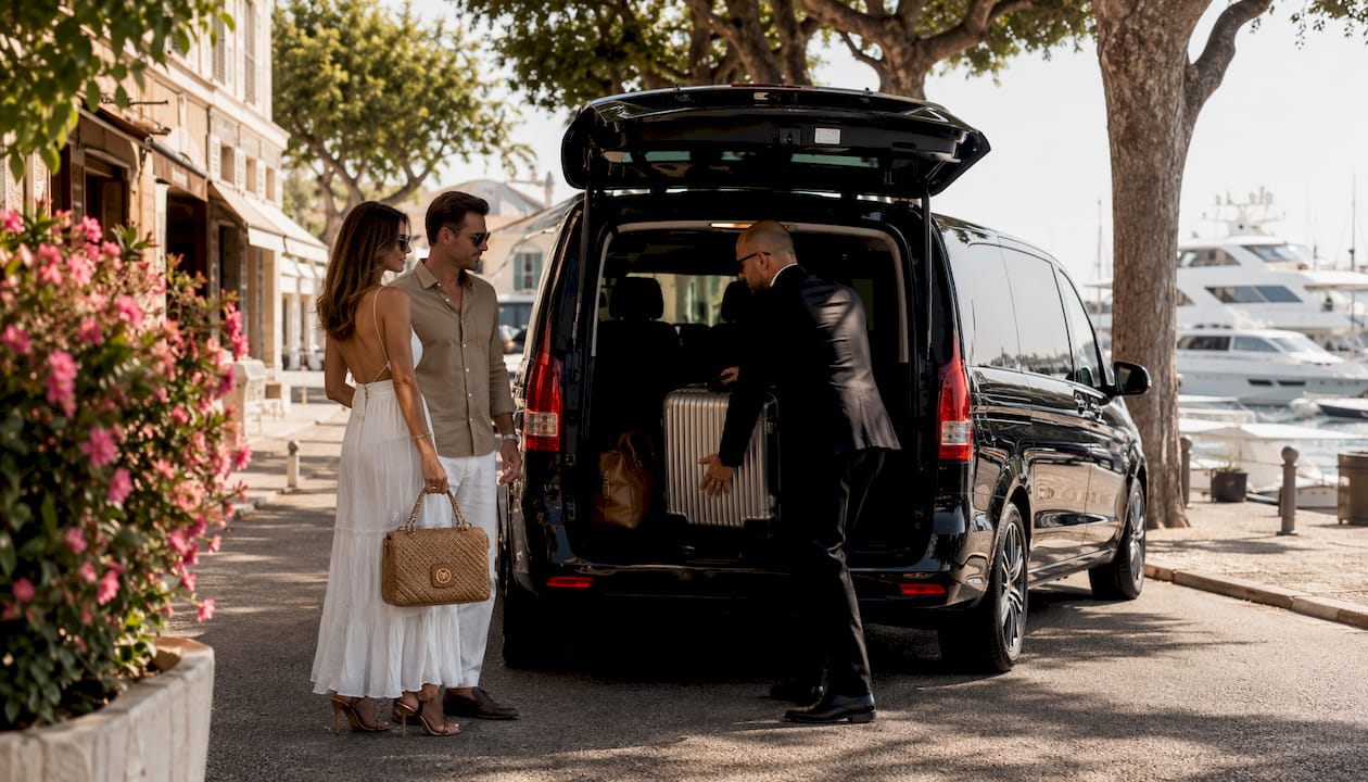 Mercedes van chauffeur assisting guest luggage on coastal road near Cannes