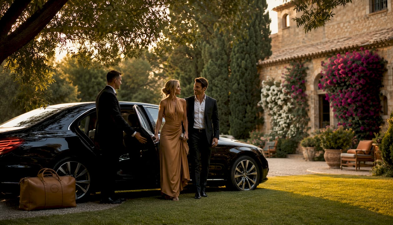 Private chauffeur Mercedes sedan greeting guests at luxury villa entrance Antibes French Riviera