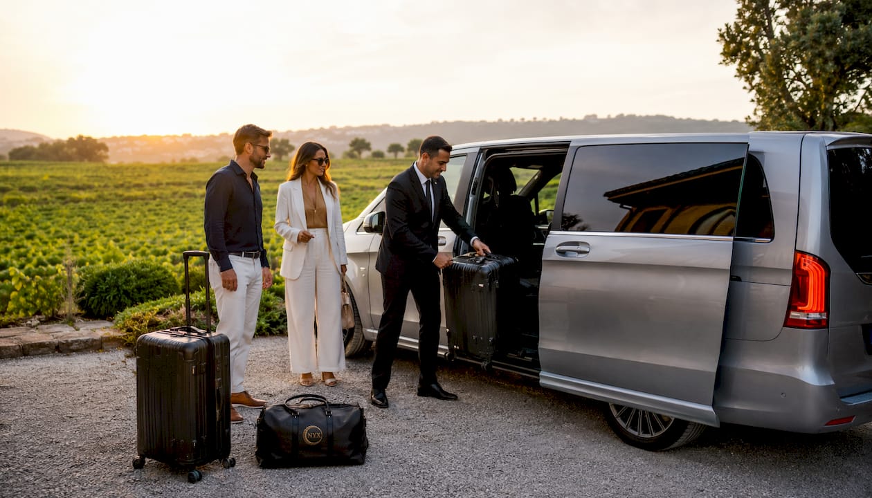 Mercedes van private transfer with chauffeur assisting passengers at Nice Airport arrival zone