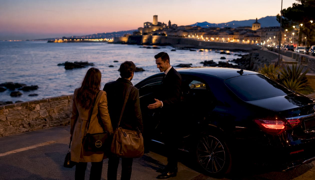 Private chauffeur Mercedes sedan picking up passengers for luxury transfer on coastal road near Antibes