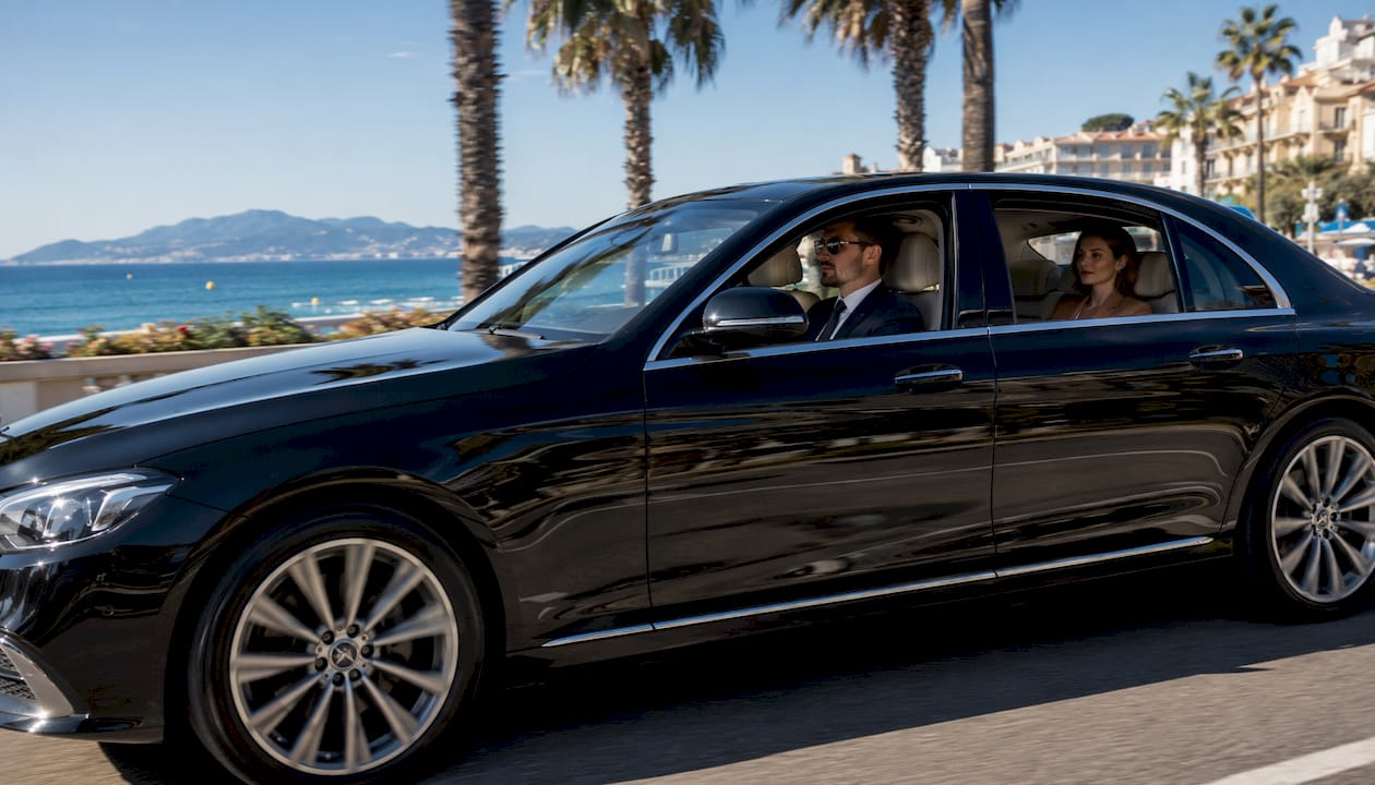 Mercedes-Benz executive sedan driving along Cannes coastal road with chauffeur and corporate passenger