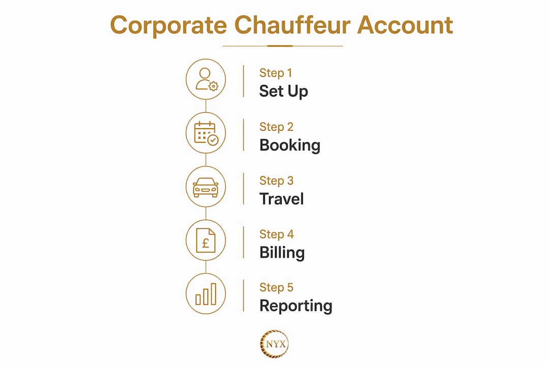 Infographic showing steps in corporate chauffeur account process on French Riviera