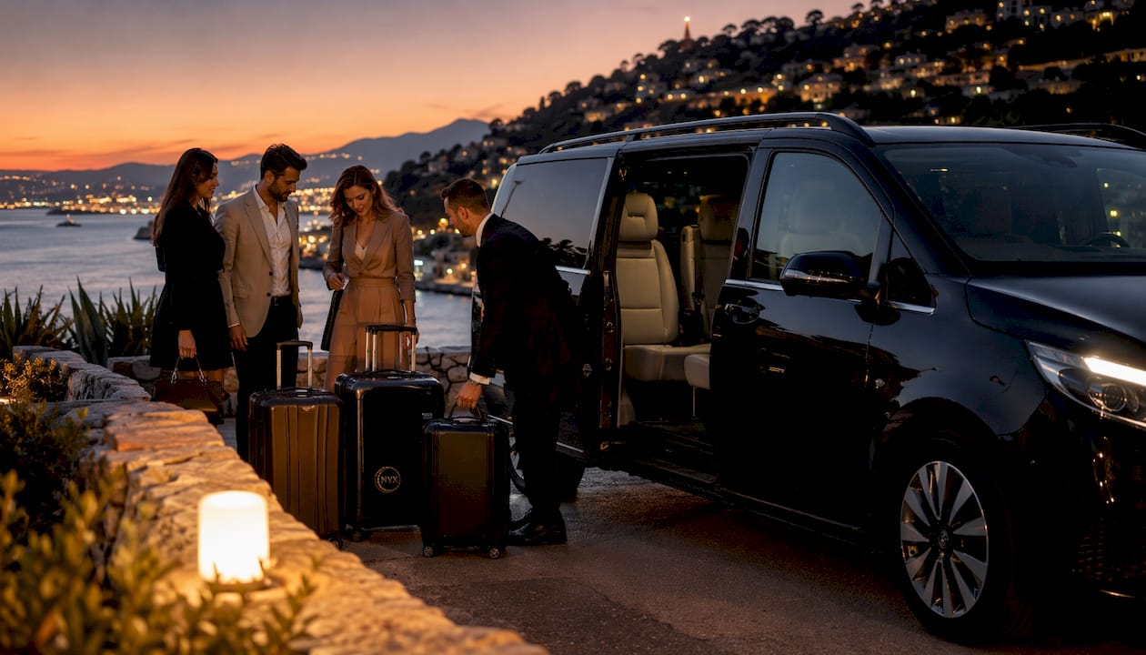 Mercedes-Benz van with chauffeur and business passengers boarding near Cannes coastal road luxury transfer