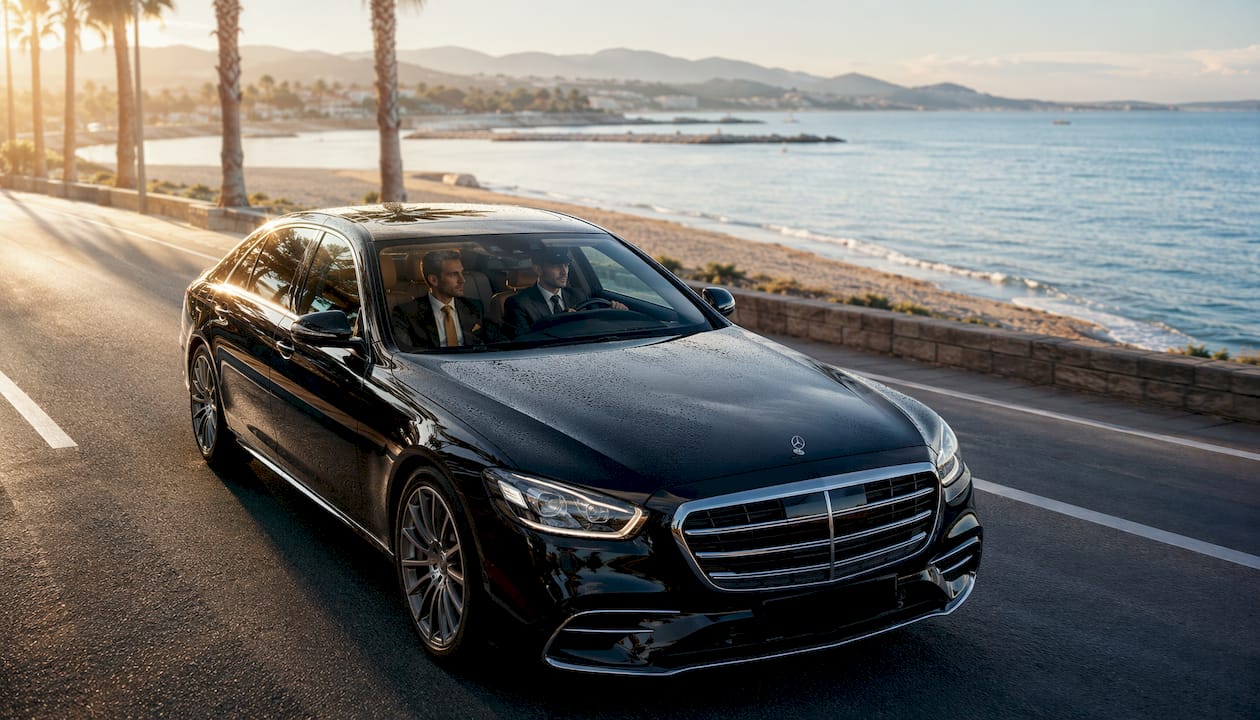 Mercedes-Benz sedan carrying businessman for Riviera business transfer near Cannes coastal road, showing luxury ground transportation.