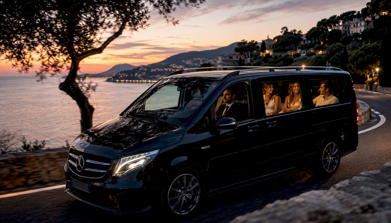 Mercedes-Benz van chauffeur driving luxury Riviera transfer near Cannes coastal road