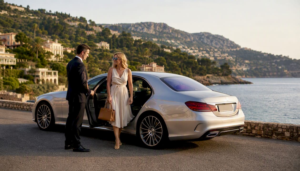 Mercedes chauffeur opening door for luxury passenger on Riviera coastal road near Antibes