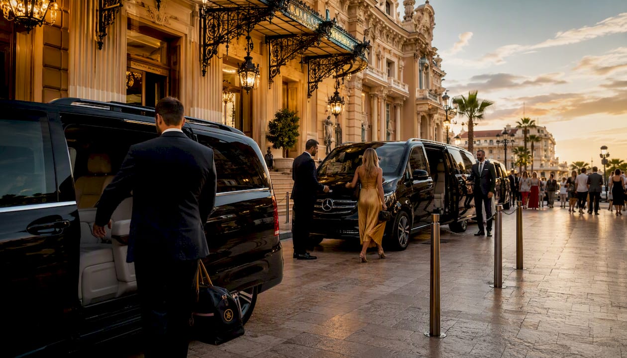 Mercedes chauffeur vans parked at Nice Airport assisting luxury travellers with luggage