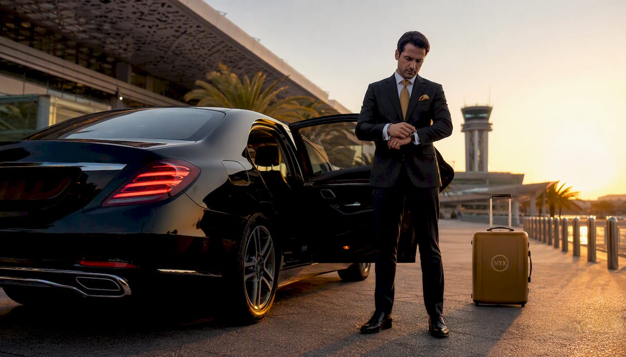 Mercedes-Benz Business Sedan with chauffeur ready at Nice Airport for VIP transfer
