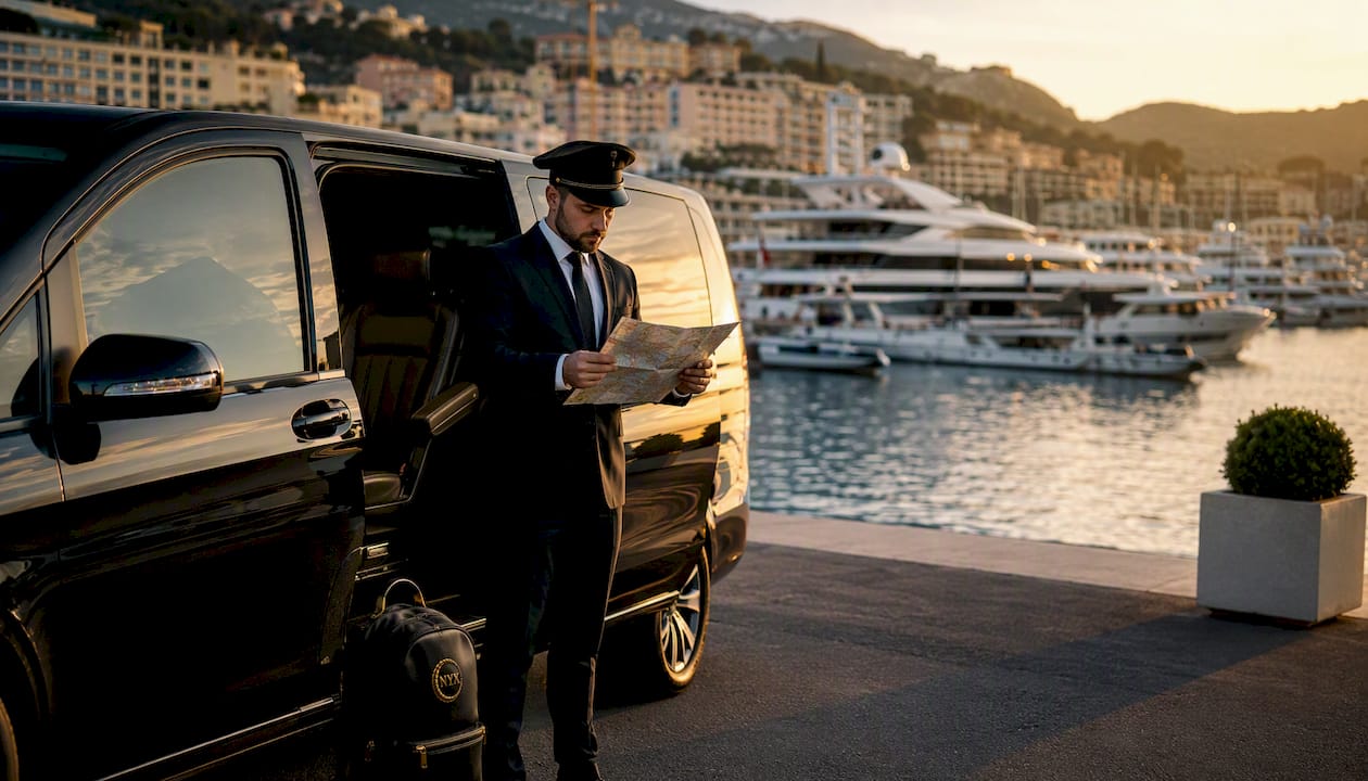 Mercedes-Benz luxury van staged with chauffeur near Monaco harbor during event