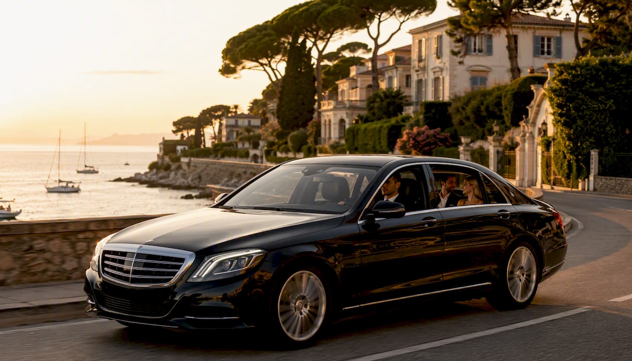 Mercedes-Benz luxury chauffeur sedan driving coastal road French Riviera with elegant passengers