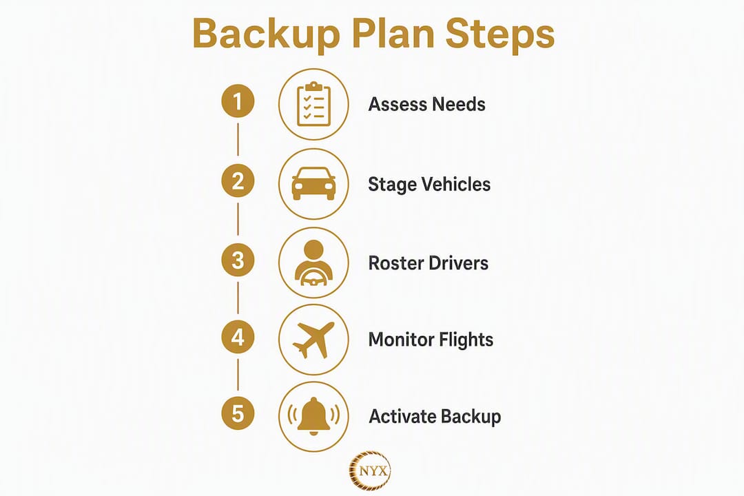 Infographic illustrating five key steps of a chauffeur backup plan for groups