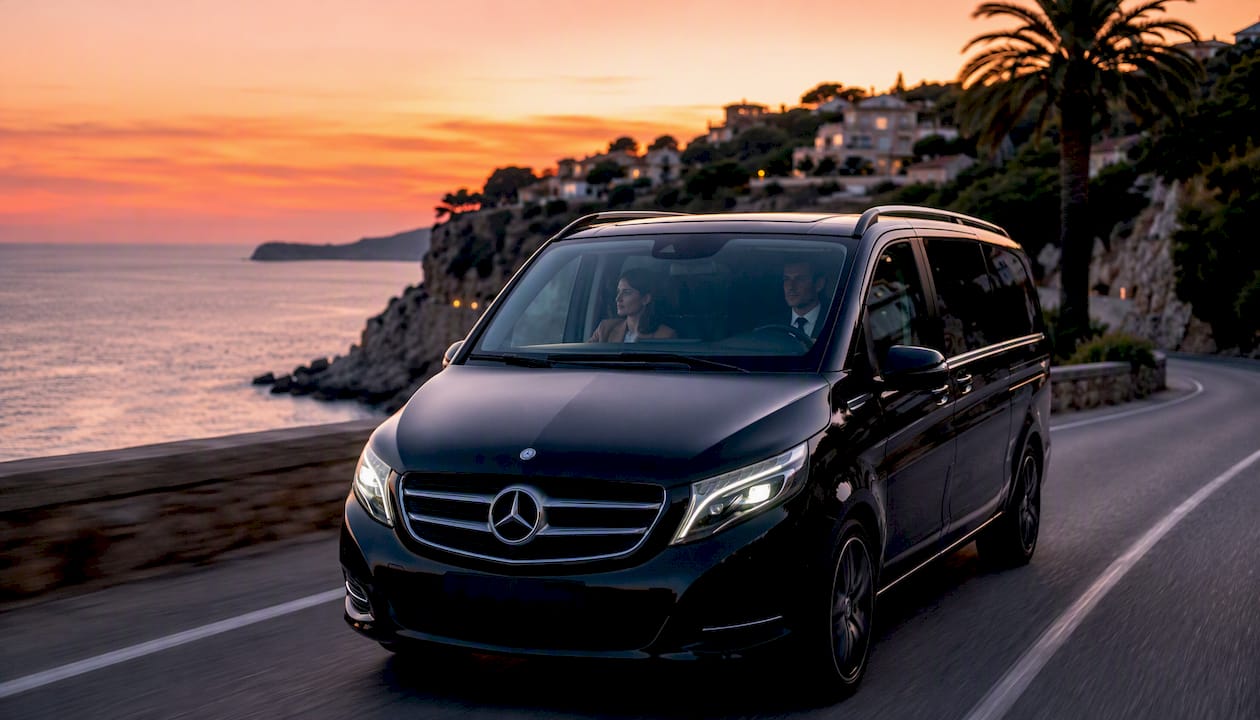 Mercedes van on coastal road with chauffeur transporting passenger French Riviera