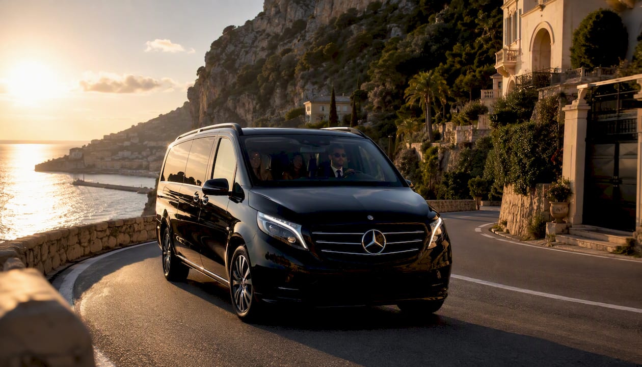 Mercedes luxury van driving along Riviera coastal road near Cannes with professional chauffeur.