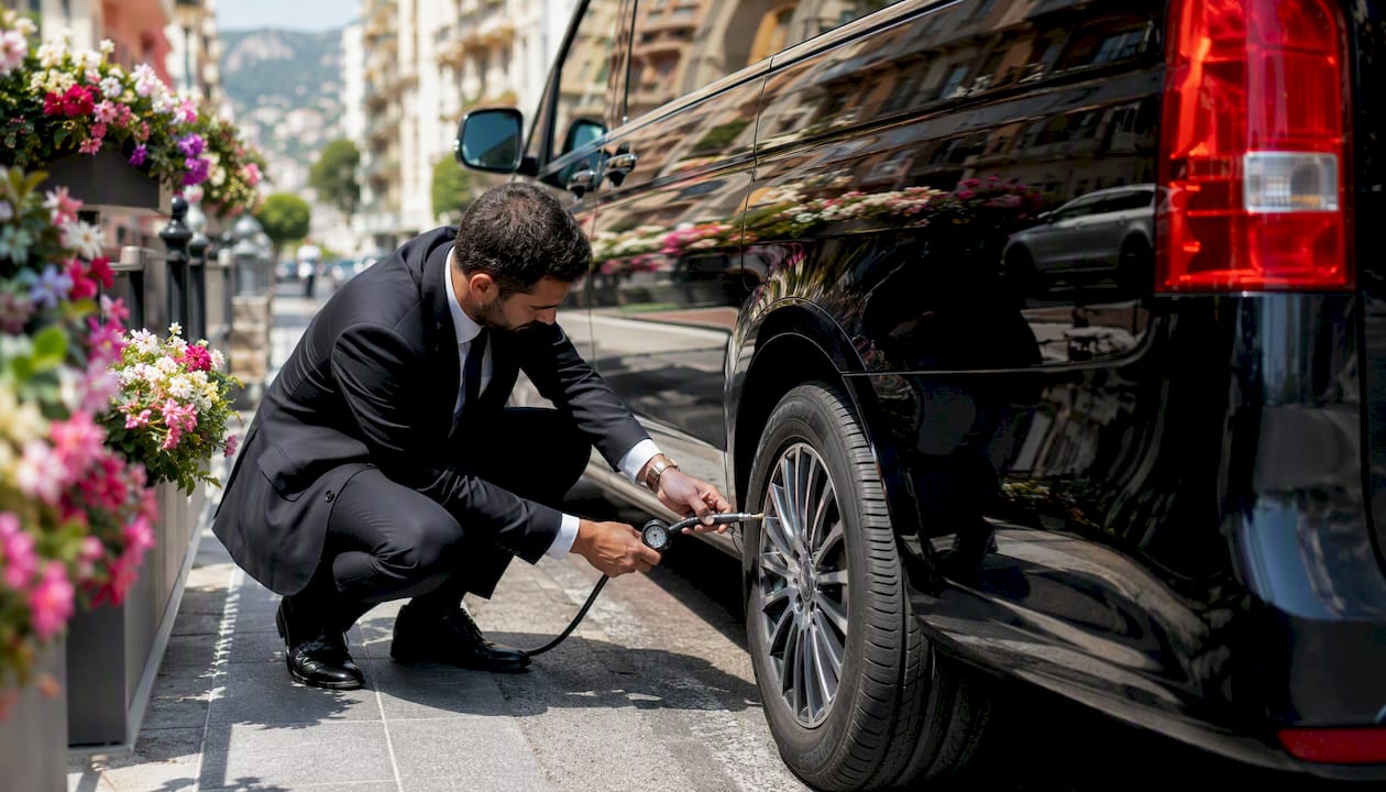 Chauffeur inspecting Mercedes-Benz Van 8 pax tire near Monaco for reliability check