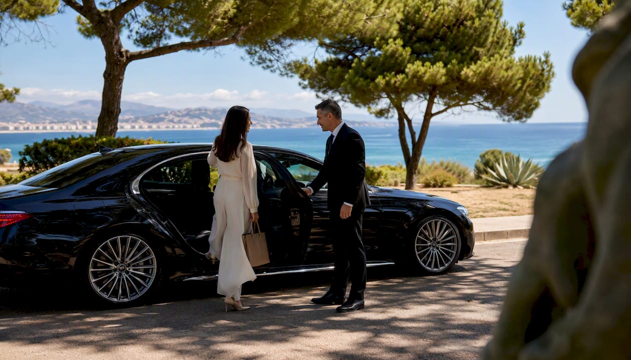 Professional chauffeur opening Mercedes-Benz Business Sedan door at Nice Côte d'Azur Airport for luxury transfer