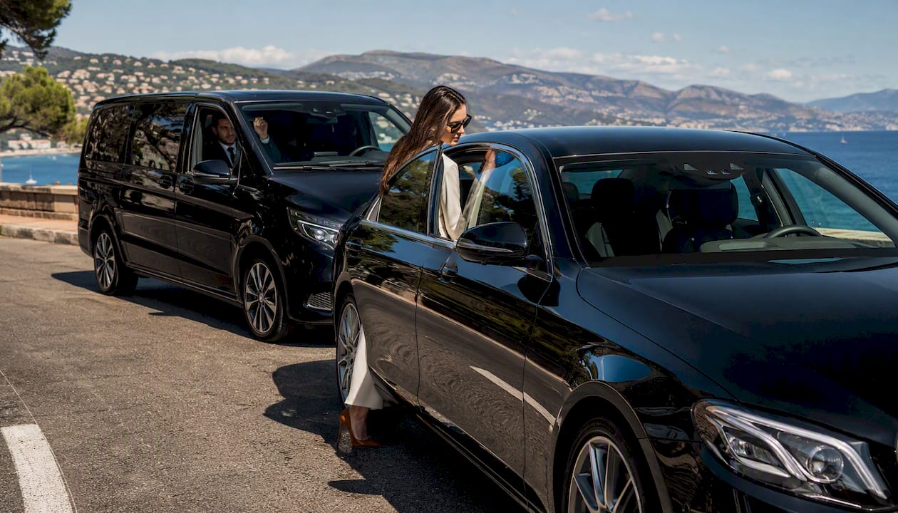 Mercedes-Benz Business Sedan and Van 7 pax on Riviera coastal road for luxury transfers