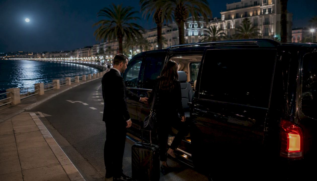 Luxury Mercedes-Benz van night transfer with chauffeur opening door on French Riviera street