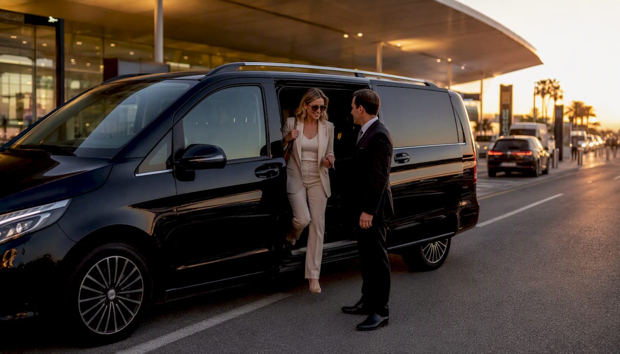 Mercedes luxury van arriving at Nice Airport, chauffeur ready for transfer