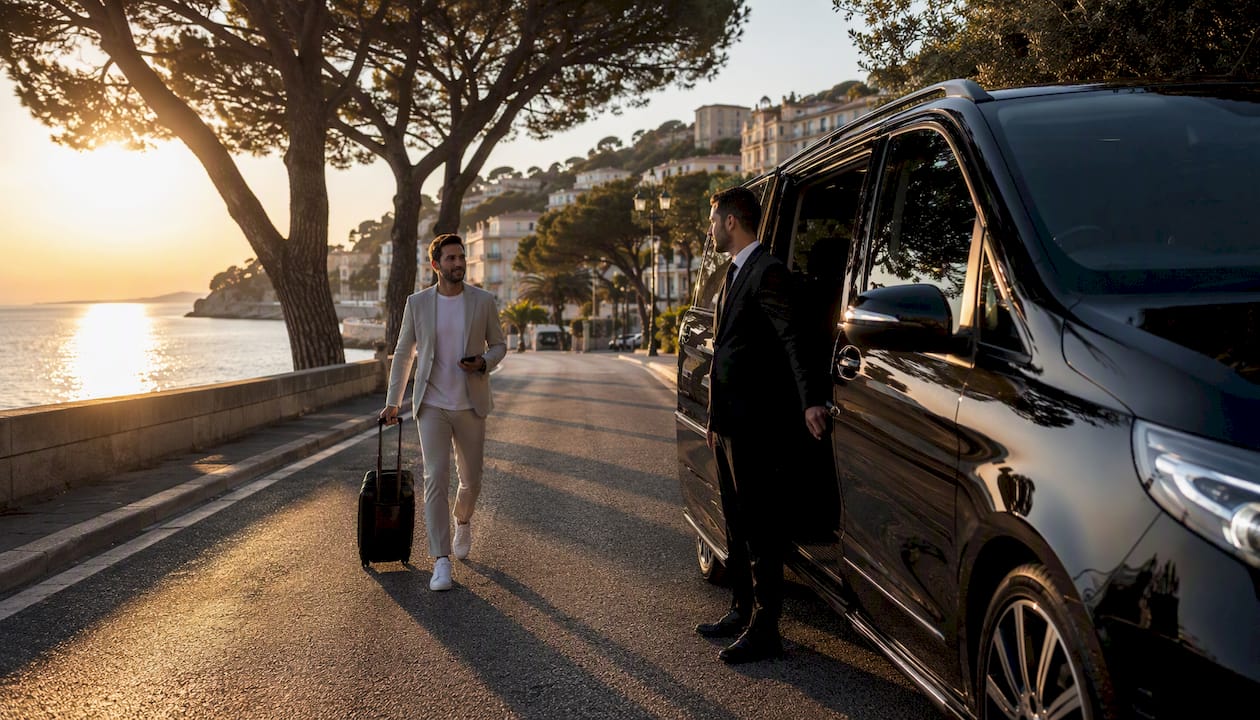 Private chauffeur Mercedes luxury van on coastal French Riviera road, elegant passenger boarding
