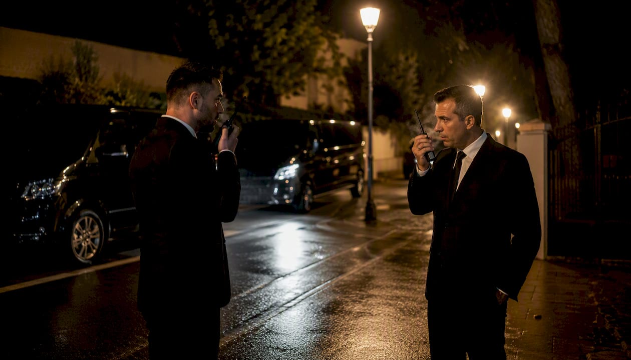 Chauffeurs coordinating night shift near luxury vans on French Riviera