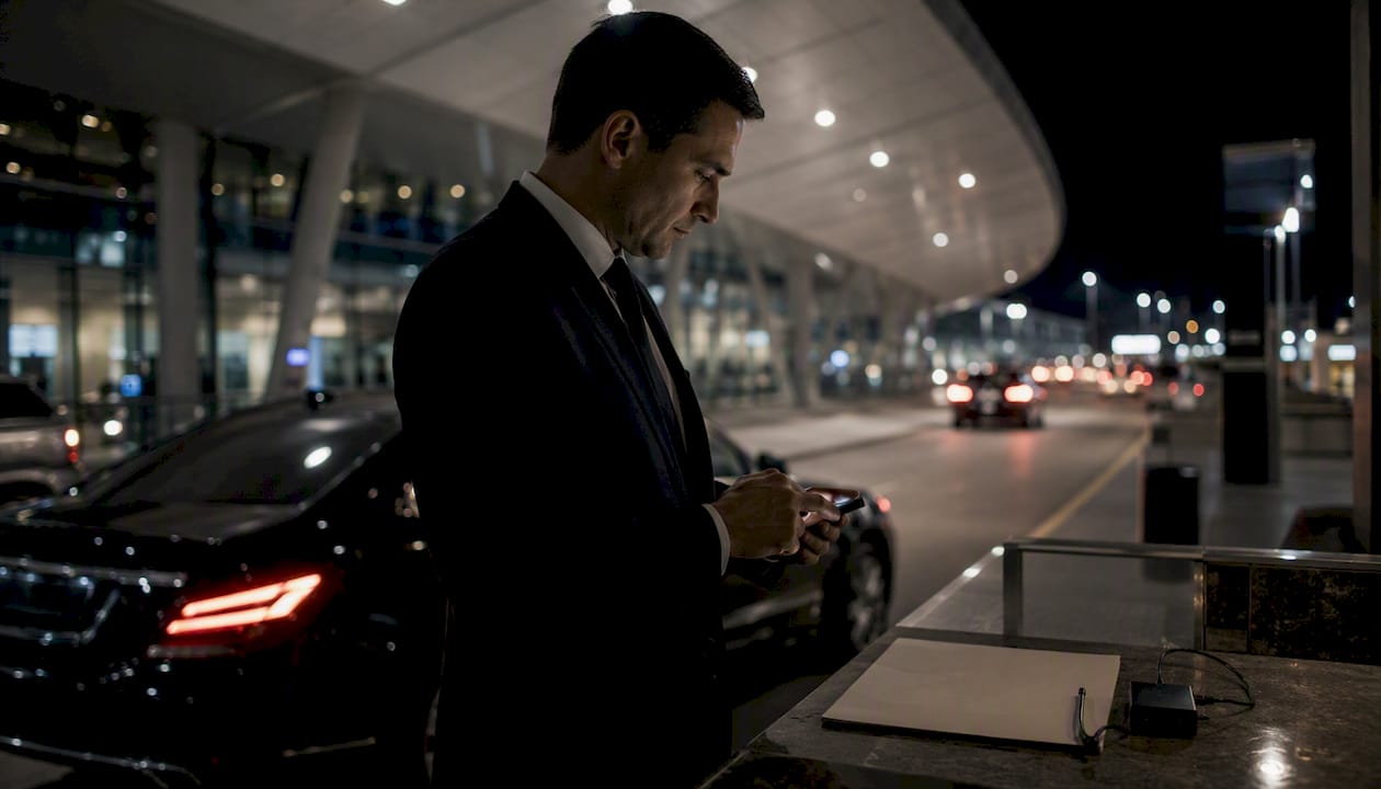 Private chauffeur confirming night transfer at Nice Airport beside Mercedes sedan - luxury transport French Riviera