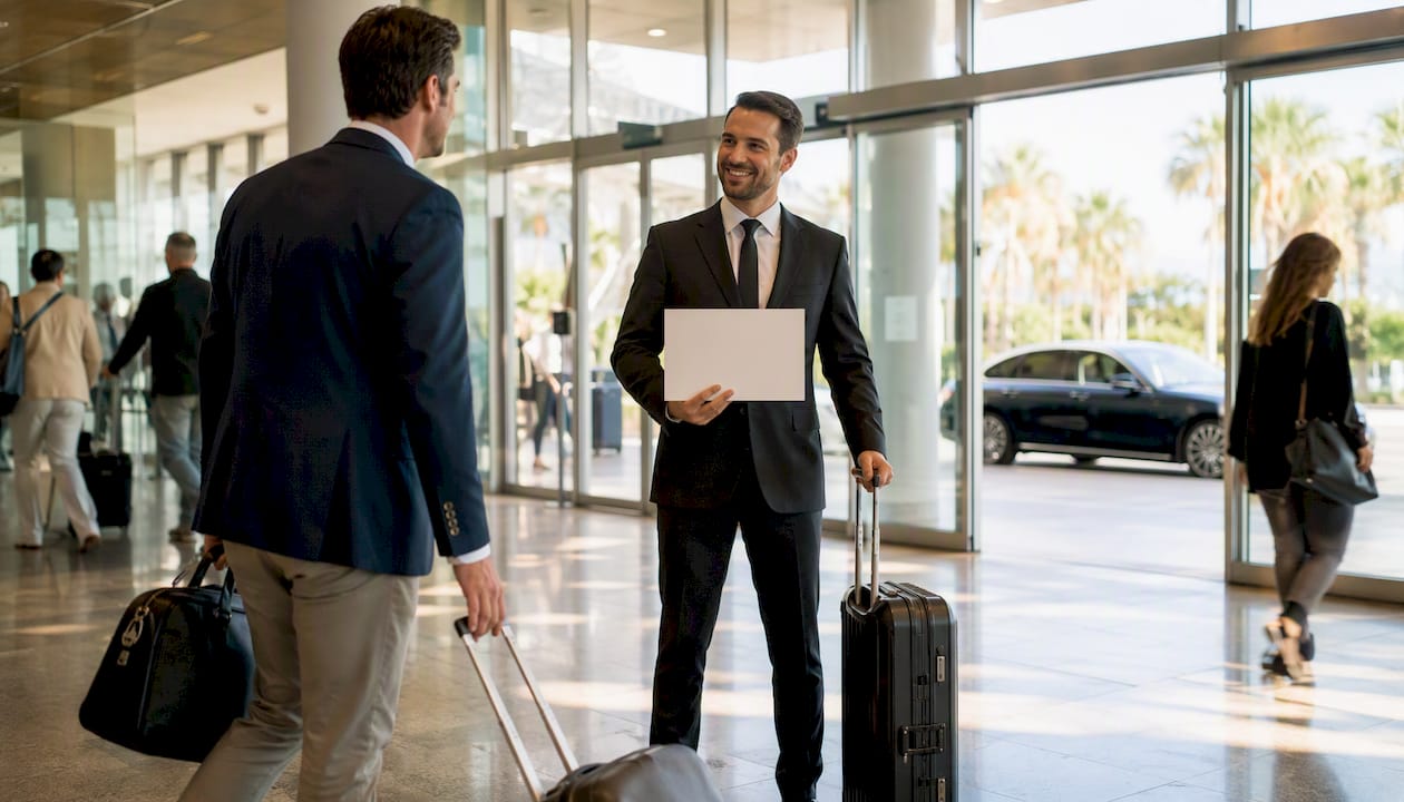 Professional chauffeur meeting passenger at Nice Côte d'Azur Airport for secure Riviera transfer