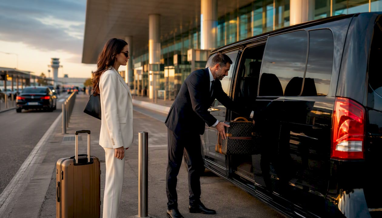 Chauffeur handling luggage during meet and greet at Nice Airport for Riviera transfer