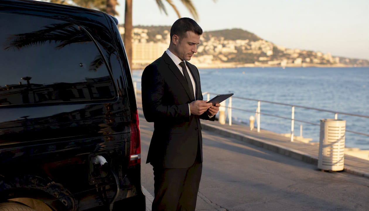 Mercedes van with chauffeur checking flight info at Nice Airport curbside