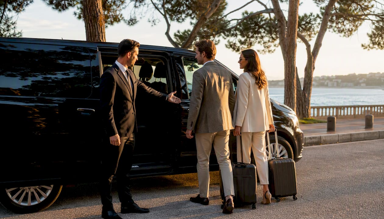 Mercedes business sedan with chauffeur opening door on French Riviera street