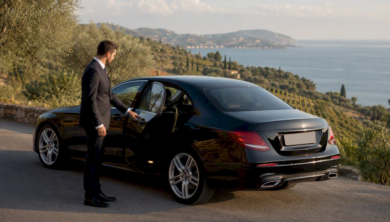 Mercedes chauffeur opening rear door for luxury transfer on Riviera coastal road with sea view