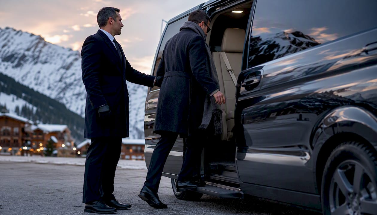 Chauffeur assisting passenger entering van at Alpine ski resort near French Riviera
