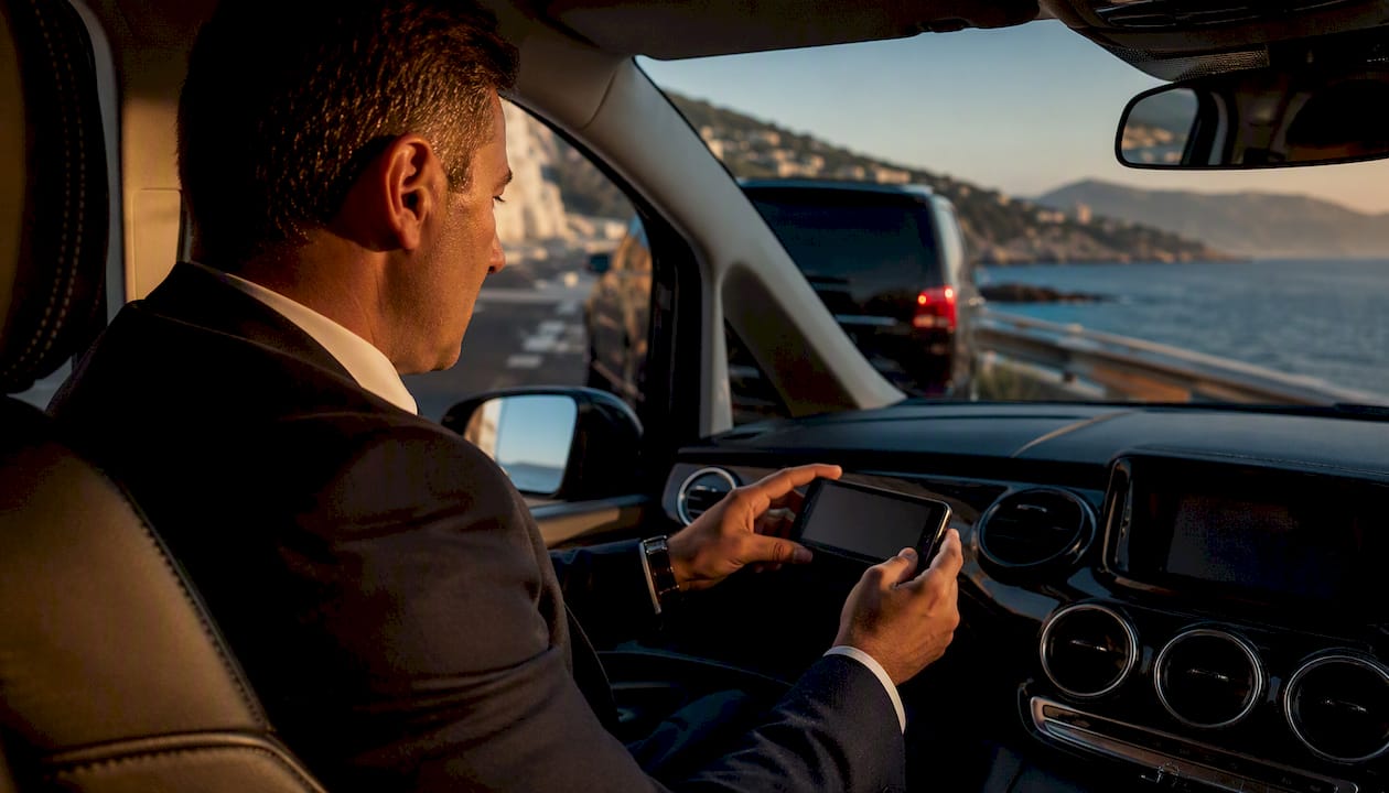 Chauffeur monitoring GPS device inside luxury vehicle on Riviera coastal road