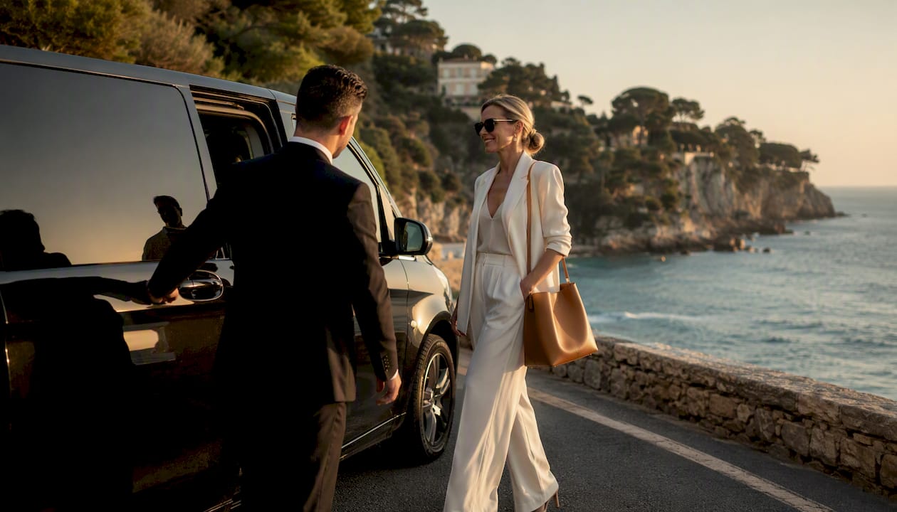 Mercedes luxury van with chauffeur assisting passenger at Nice Airport curbside during sunset