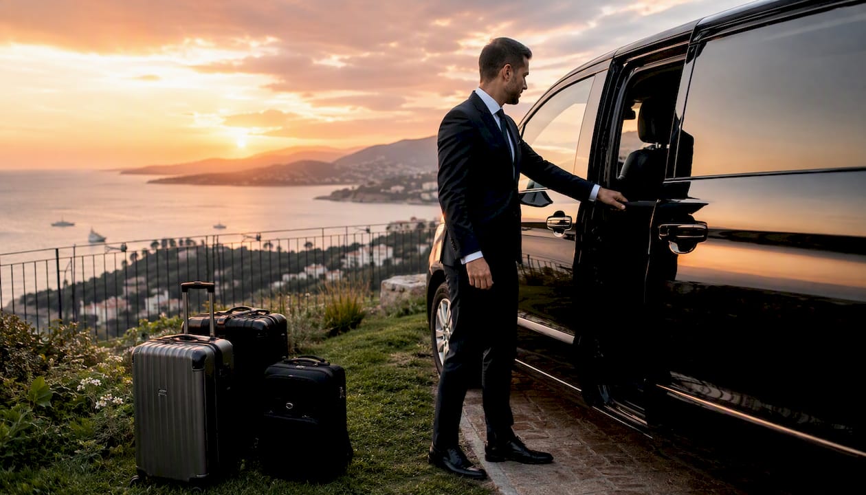 Chauffeur opening luxury van door for long journey on French Riviera coast