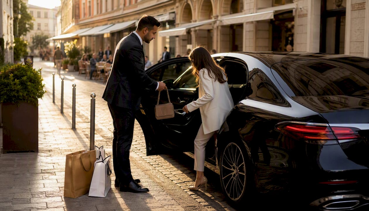 Luxury VTC chauffeur assisting passenger boarding a Mercedes sedan at Nice Airport