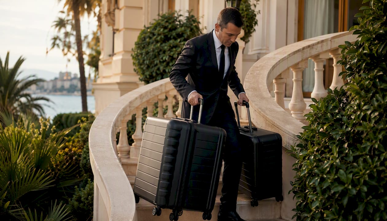 Chauffeur carrying luggage down Cannes apartment steps