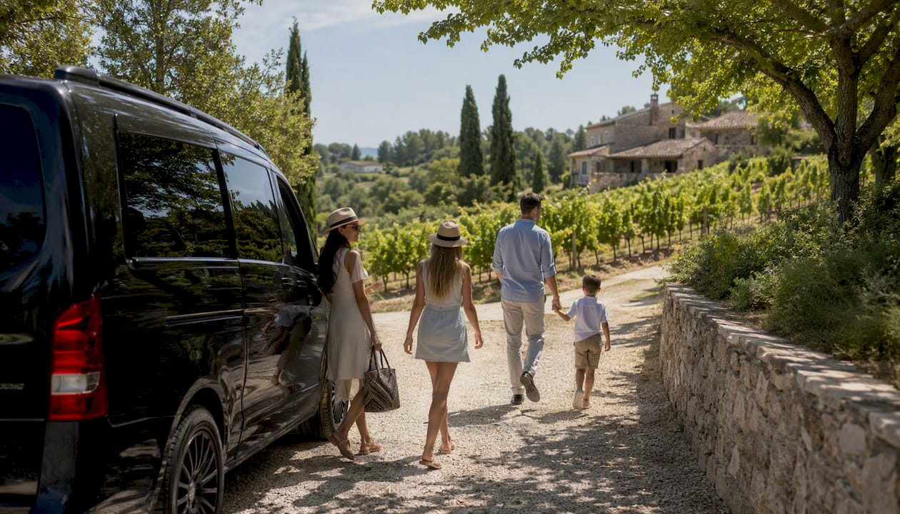 Private luxury van parked near boutique winery in Provence with family arriving