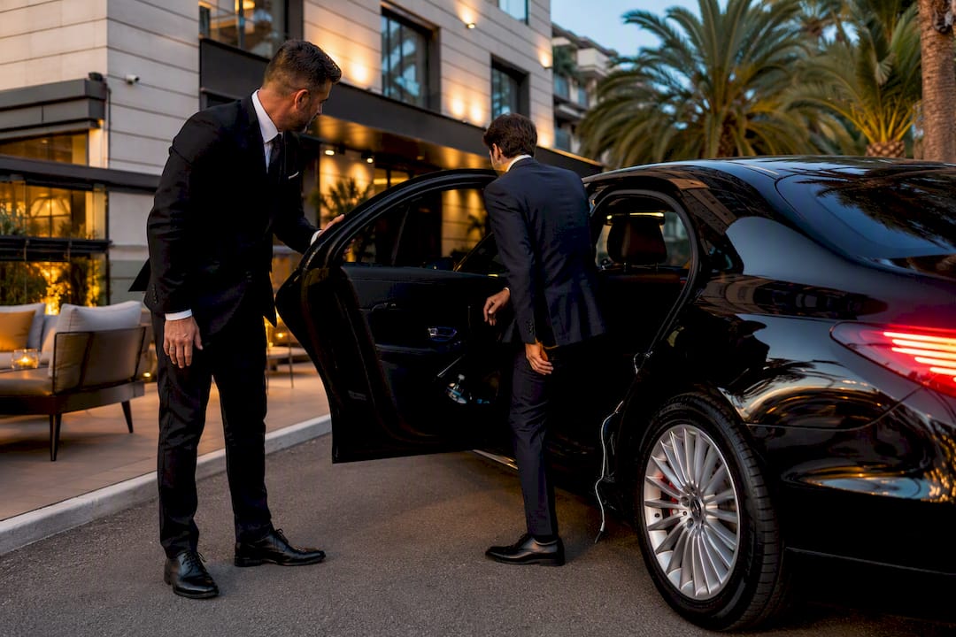 Business Sedan chauffeur opening door for client showcasing discreet onboard Wi-Fi setup Cannes