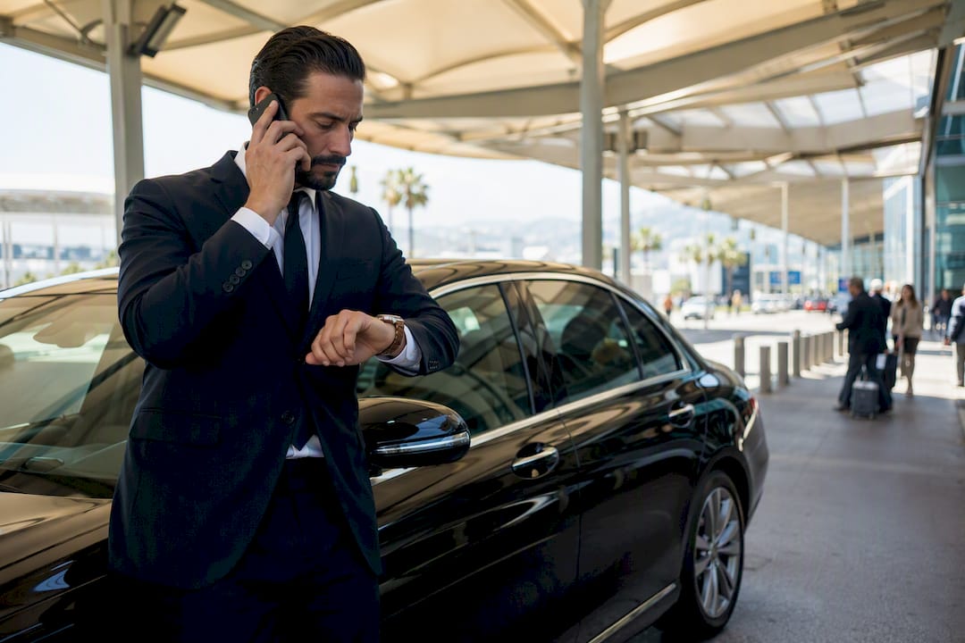 Business Sedan and chauffeur managing private transfer at Nice Airport