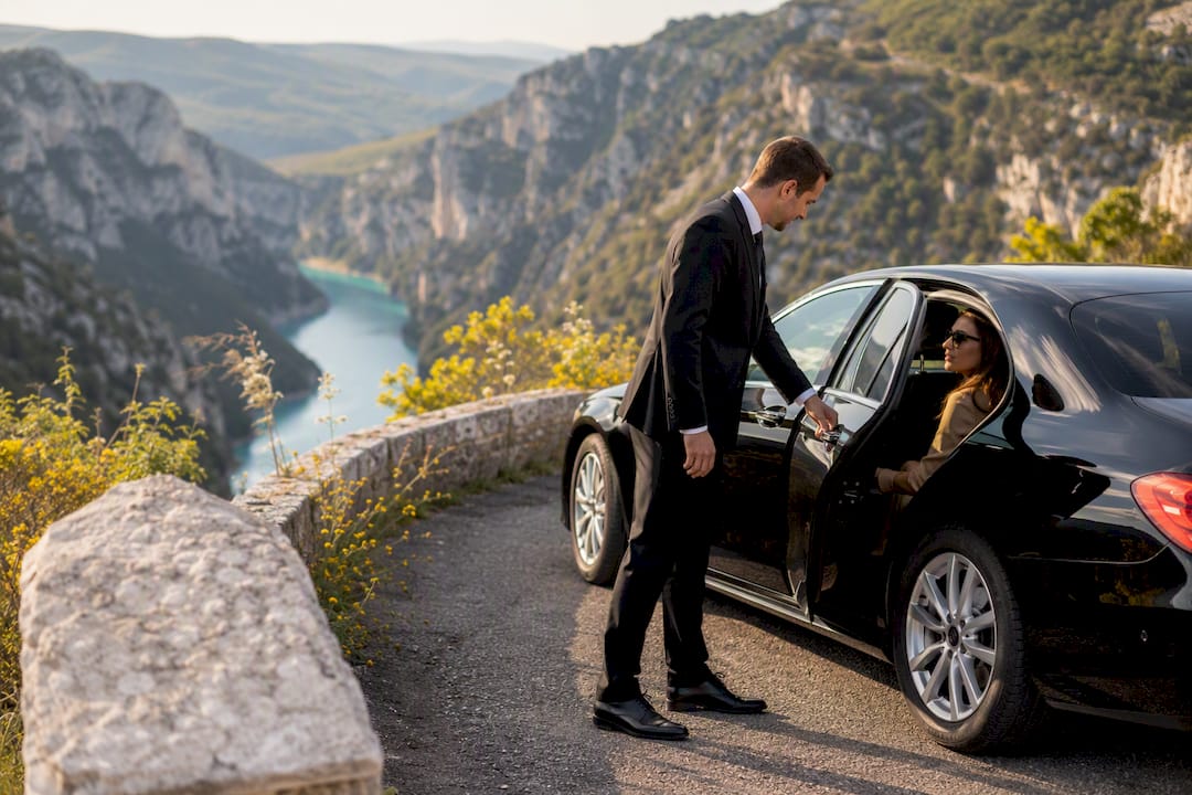 Luxury chauffeur Mercedes sedan parked by Gorges du Verdon lookout during morning sunrise